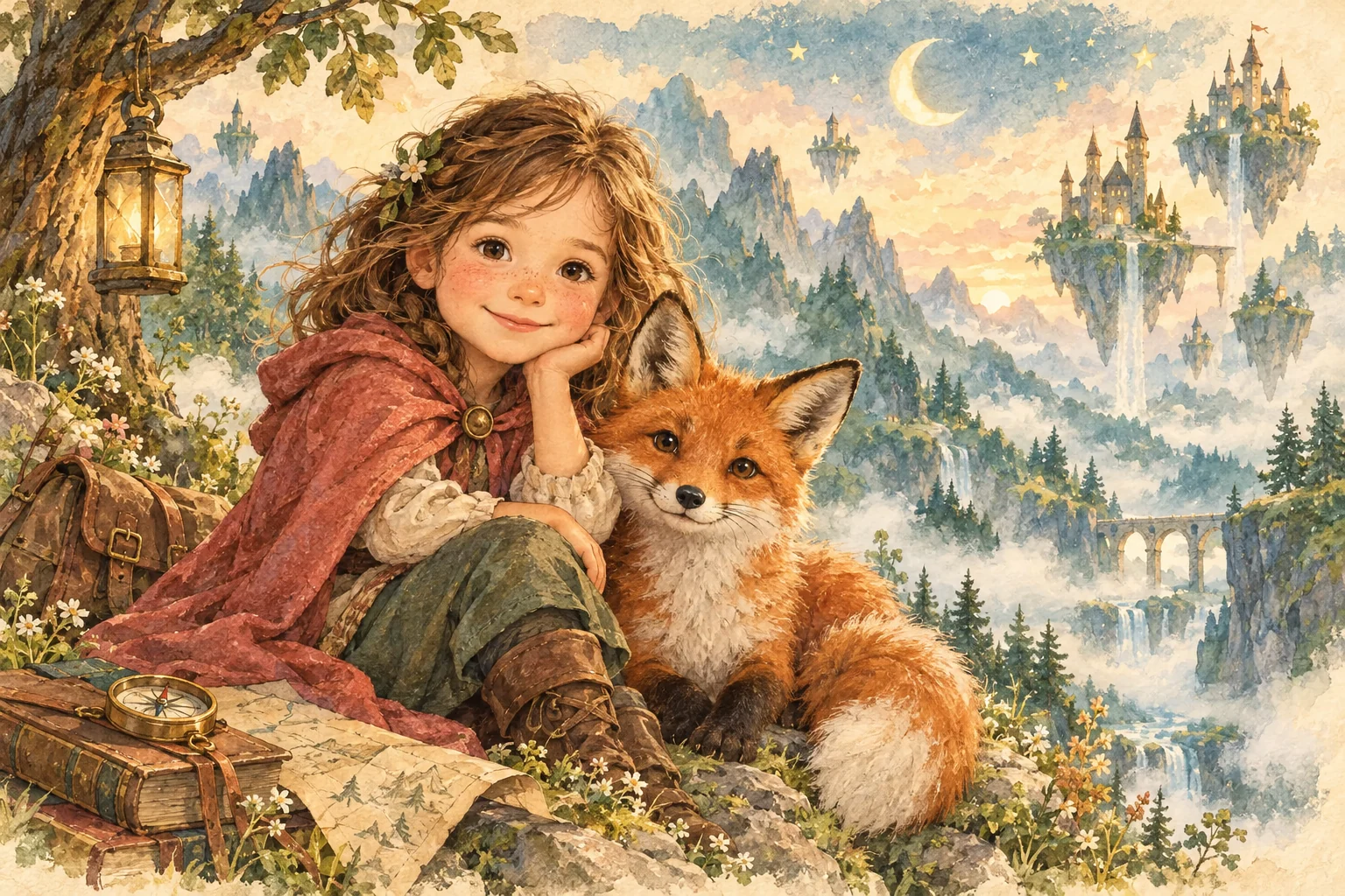 A child and fox beside a world of drifting clouds