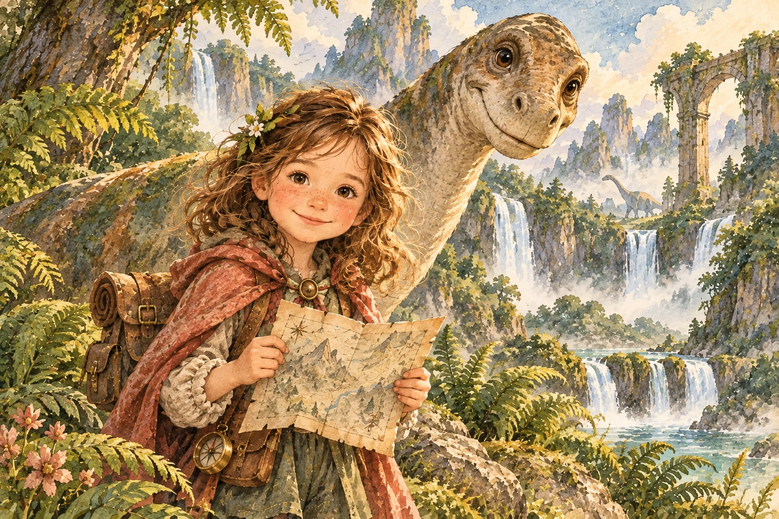 Une enfant exploratrice et un dinosaure amical au long cou dans une vallée luxuriante à l’aquarelle, parcourue de cascades