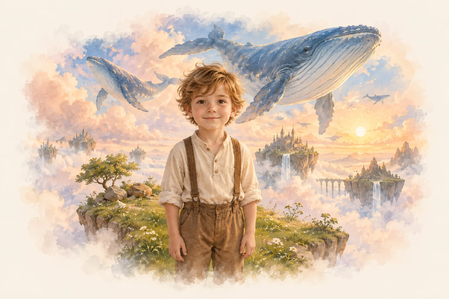 A child on a floating island greeting magnificent sky whales amid peach watercolor clouds