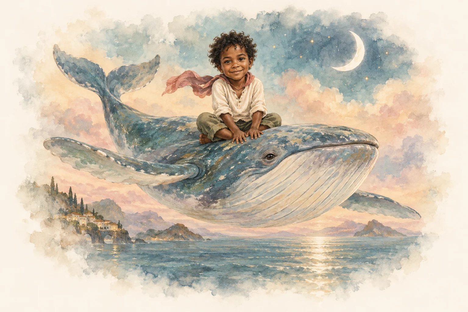 A watercolor whale floating above a sleeping town